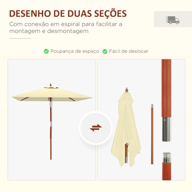 Outsunny Chapéu de Sol de Jardim 200x150x235cm Chapéu de Sol Inclinável com Polia Duplo Teto e Mastro Desmontável de Madeira Bege
