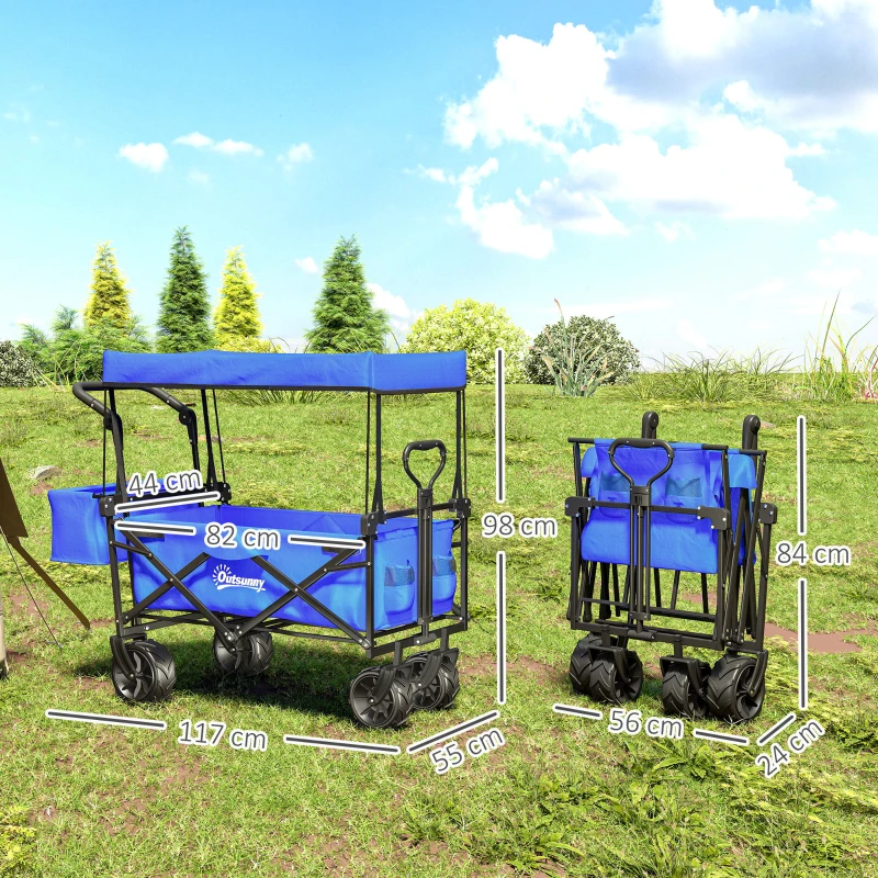 Outsunny Carrinho de Transporte Dobrável para Praia Campismo Viajem com Toldo Guiador Rodas Altura Ajustável 117x55x98 cm Azul