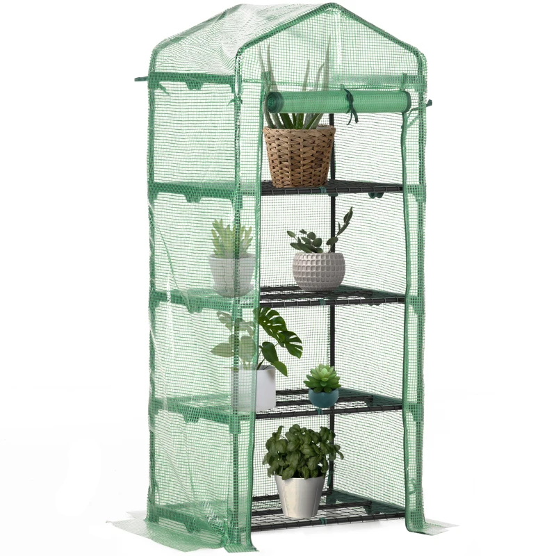 Outsunny 4 Tier Mini Greenhouse, Portable Small Green House with Roll-up Door, PE Cover, 70 x 50 x 160 cm, Green