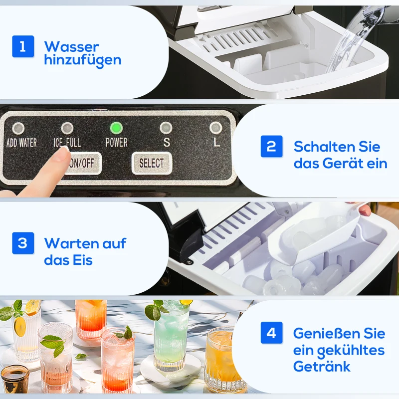 HOMCOM Eiswürfelmaschine 12kg/24h 2L Eiswürfelbereiter mit LED-Display, 2 L Wassertank, 90 W, Schwarz