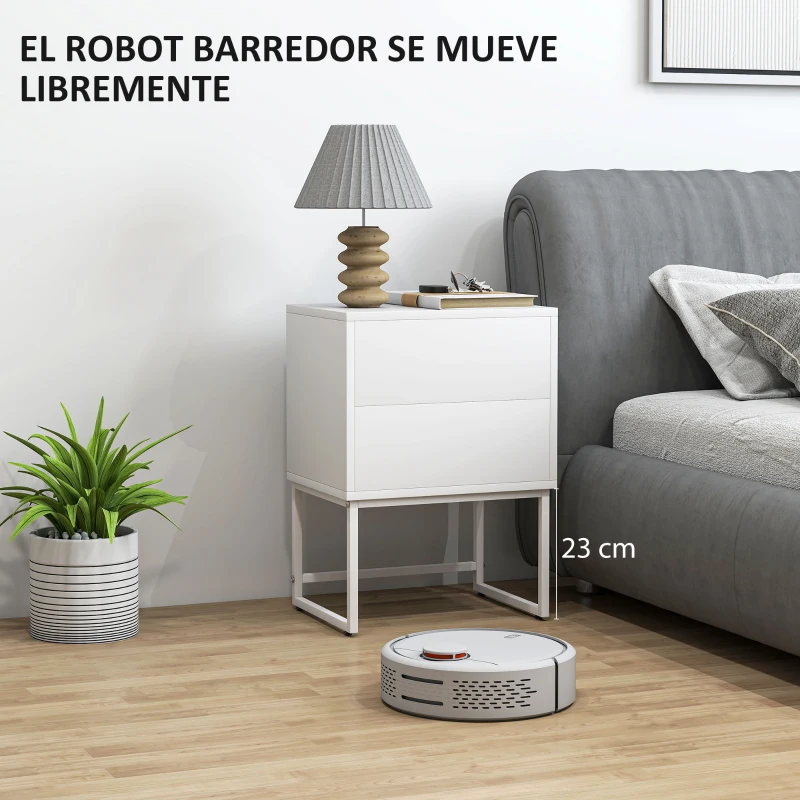 HOMCOM Pack de 2 Mesitas de Noche Estrechas con 2 Cajones Apertura por Presión y Patas de Acero 40x30x55 cm Blanco