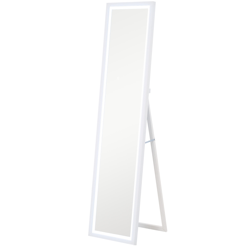 HOMCOM Grand miroir pleine longueur, miroir mural ou sur pied rectangulaire, 40 x 160 cm avec éclairage LED 3 couleurs, blanc