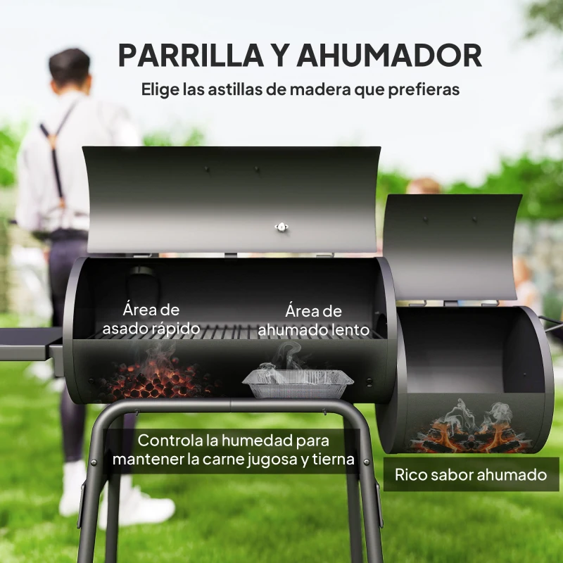 Outsunny Barbacoa de Carbón 3 en 1 Ahumador Parilla de Carbón Barbacoa de BBQ 124x53x104 cm con Termómetro y Ruedas Estantes