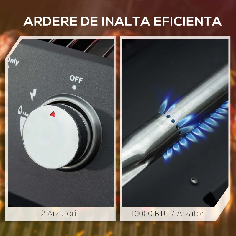 Outsunny gratar pe gaz cu 2 arzatoare pentru exterior, portabil pliabil, gratar cu capac, termometru, otel carbon, Negru
