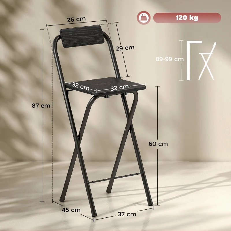 HOMCOM Set 2 Sgabelli da Bar Pieghevoli con Poggiapiedi, in Legno e Acciaio, 37x45x87 cm, Nero
