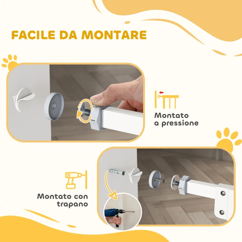PawHut Cancelletto per Cani con Porta Piccola, Montaggio a Pressione e Chiusura Automatica, 74-80x91.4cm, Bianco