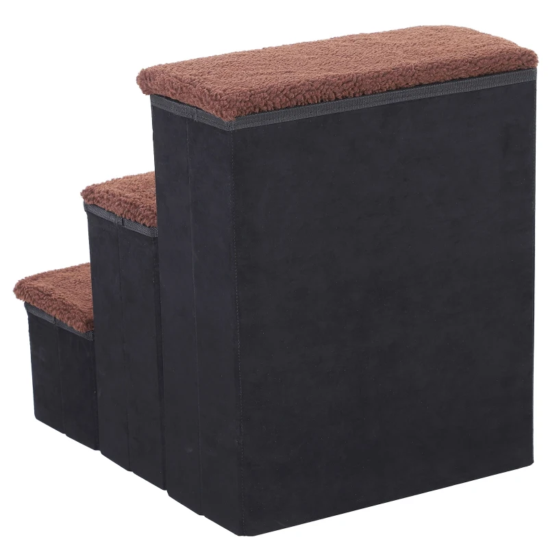 PawHut Haustiertreppe Katzentreppe Hundetreppe Faltbar 3 Stufen Tiertreppe mit Stauraum für Katzen und Hunde MDF Schwarz 40 x 54 x 48 cm