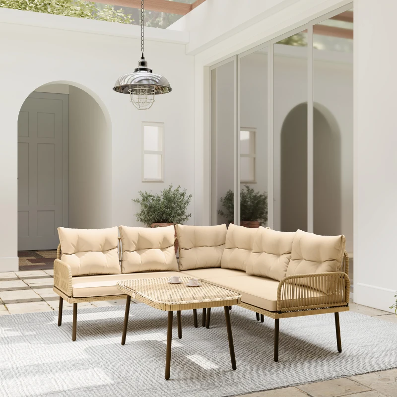 Outsunny Salotto da Giardino in Rattan 2 Divanetti e Poltrona Angolare con Cuscini, Tavolino in Vetro, Colore Legno