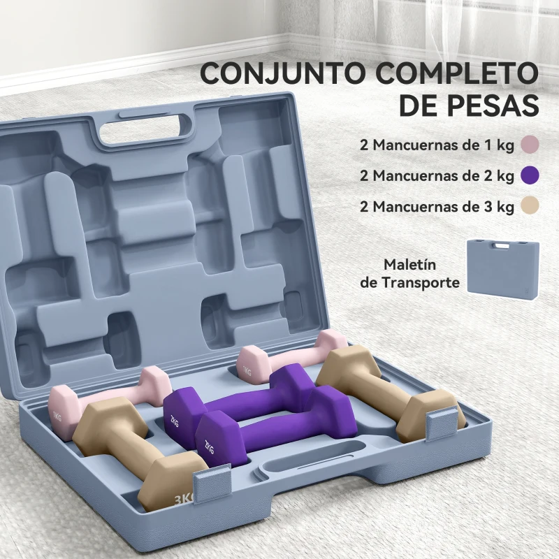 SPORTNOW Juego de Mancuernas de 6 Piezas 2 x1 kg 2 x2 kg 2 x3 kg con Estuche de Transporte para Ejercicio en Casa Gimnasio