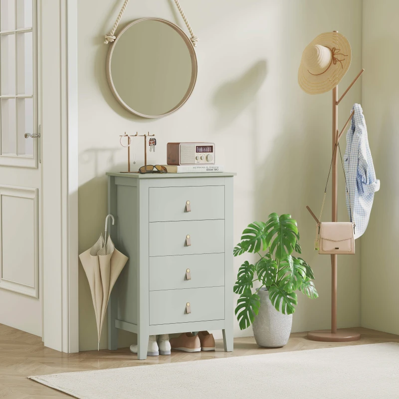 HOMCOM Bedroom Chest of Drawers, Modern 4 Drawer Dresser Cabinet with PU Leather Handles and Metal Runners for Living Room, Hallway, Entryway, Green
