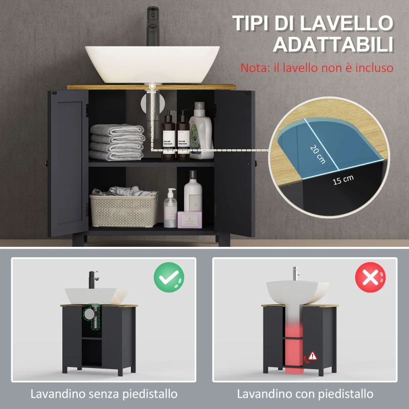 kleankin Mobile Sottolavabo in Truciolato e MDF a 2 Ante con Ripiano Interno Regolabile, 60x30x60 cm, Grigio