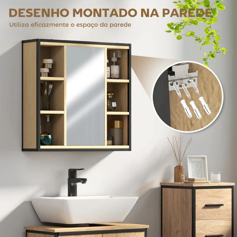HOMCOM Armário de Casa de Banho com Espelho Prateleira Ajustável e 6 Compartimentos Abertos 60x16x58,5 cm Madeira