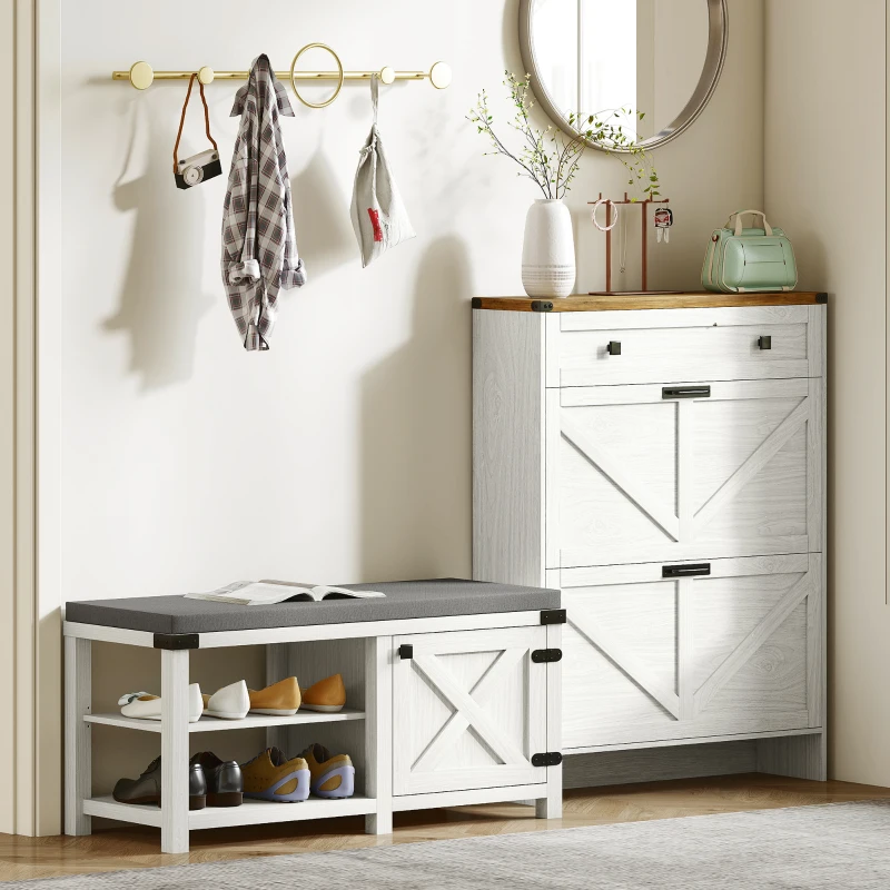 HOMCOM Banco Sapateira Rústico Organizador de Sapatos com Compartimentos para 7 Pares de Sapatos 100x40x48 cm Branco e Cinza