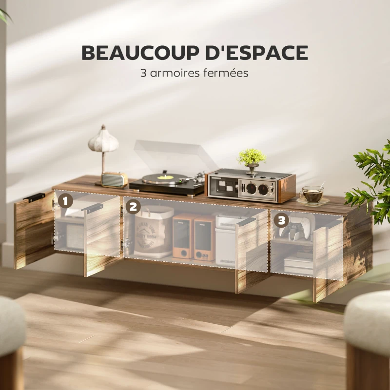 HOMCOM Meuble TV suspendu meuble télé pour téléviseur jusqu'à 65 pouces avec 3 placards à portes, 150 x 35 x 32 cm, marron
