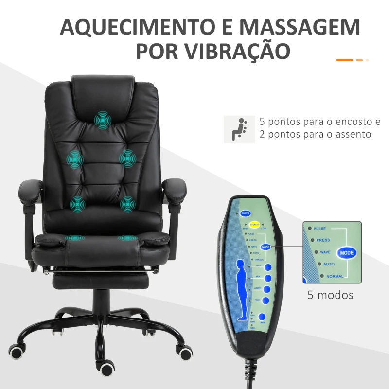 Vinsetto Cadeira de Massagem com 7 Pontos de Massagem Reclinável com Apoio para os Pés e Controlo Remoto 67x79x111-121 cm Preto