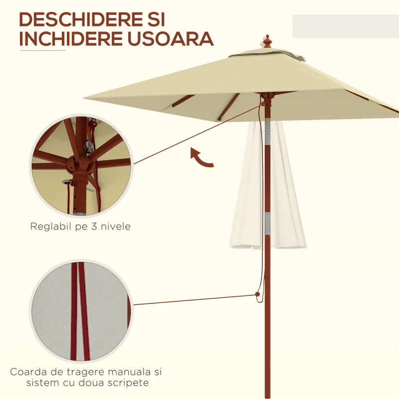Outsunny Umbrelă de Grădină Înclinabilă cu Sistem cu Șnur și Orificiu de Ventilație, 200x150x235 cm, Bej
