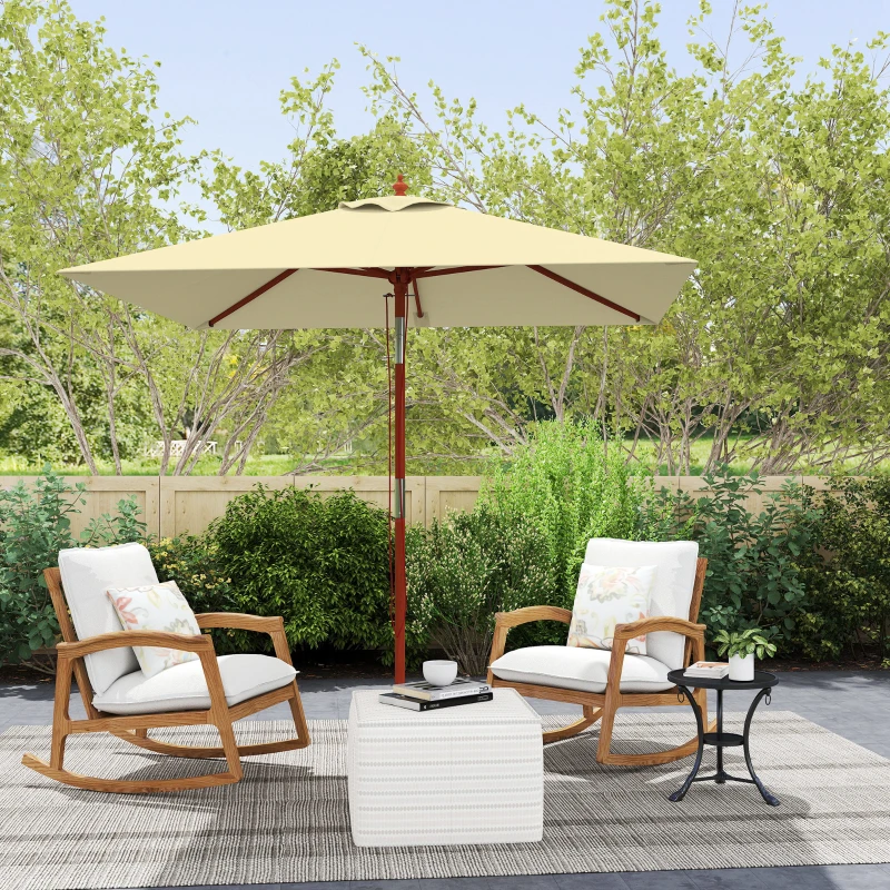 Outsunny Chapéu de Sol de Jardim 200x150x235cm Chapéu de Sol Inclinável com Polia Duplo Teto e Mastro Desmontável de Madeira Bege