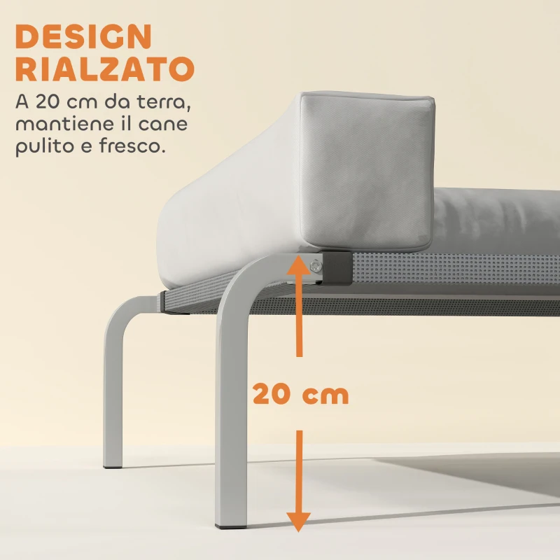 PawHut Lettino per Cani Rialzato di 20 cm con Cuscino a L, in Poliestere e Acciaio, 110x75x30 cm, Grigio e Argento