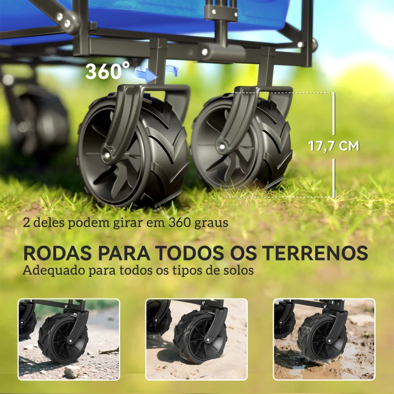 Outsunny Carrinho de Transporte Dobrável para Praia Campismo Viajem com Toldo Guiador Rodas Altura Ajustável 117x55x98 cm Azul