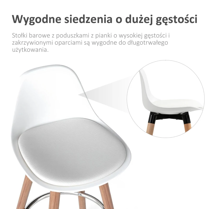 HOMCOM Zestaw 2 krzeseł barowych w stylu skandynawskim, z podnóżkiem, 38,5 cm x 42,5 cm x 91 cm, Naturalne + Białe