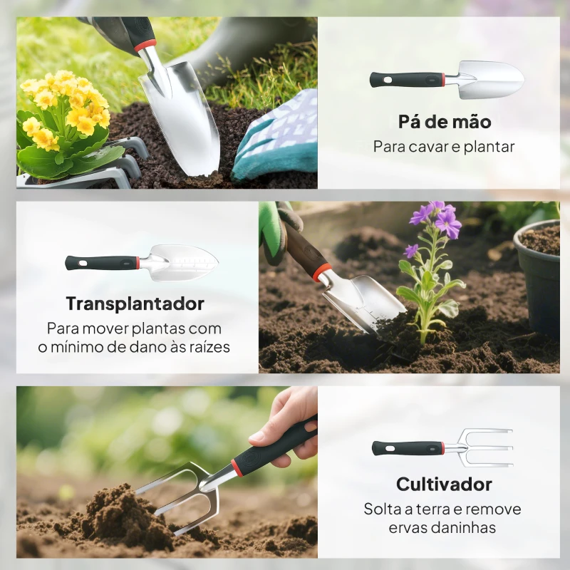 Outsunny Conjunto de Ferramentas para Jardim de 9 Peças Ferramentas de Jardinagem com Tesouras de Podar com Bloqueio e Bolsa Verde e Preto