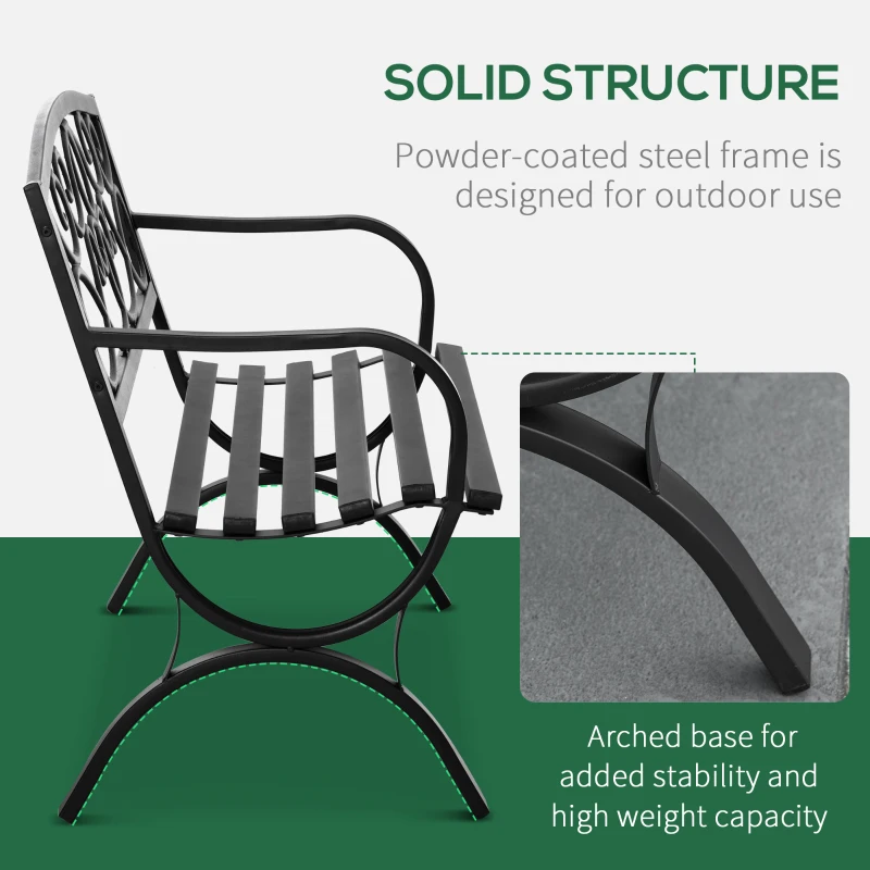 Outsunny 2-Seater Garden Bench Outdoor Bench with Inclined Backrest Slatted Seat Comfortable Armrests Steel Frame Cast Iron 128 x 58.5 x 85 cm Black