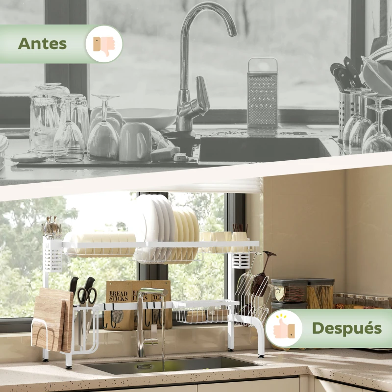 HOMCOM Escurreplatos de Acero de 2 Niveles para Fregadero con Soporte de Tabla de Corte y Cubiertos 100x30x54,5cm Blanco