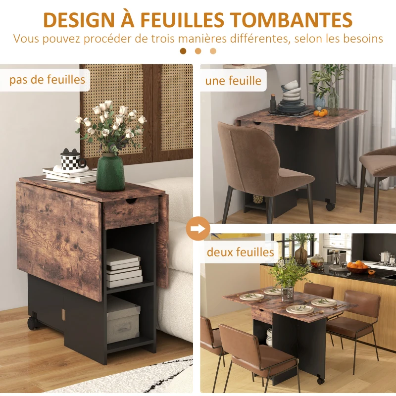 HOMCOM Table à manger pliante table de cuisine extensible pour 2 à 4 personnes 2 abattants 120 x 72 x 75 cm rustique et noir