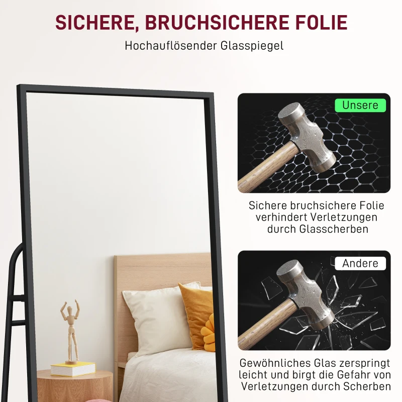 HOMCOM Volledige lichaamsspiegel, industrieel ontwerp, achterplank, 2 haken, metalen frame, voor slaapkamer, 157 x 50 cm, Zwart