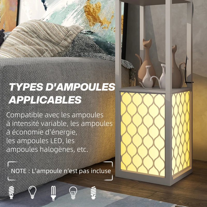 HOMCOM Lampadaire étagère 2 lampes 2 étagères 4 niveaux MDF gris motif nid d'abeille 26 x 26 x 156 cm gris