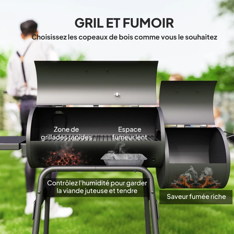 Outsunny Barbecue à Charbon fumoir BBQ Grill Smoker sur Pied avec Couvercle, roulettes, thermomètre, étagères Acier laminé à Froid Noir