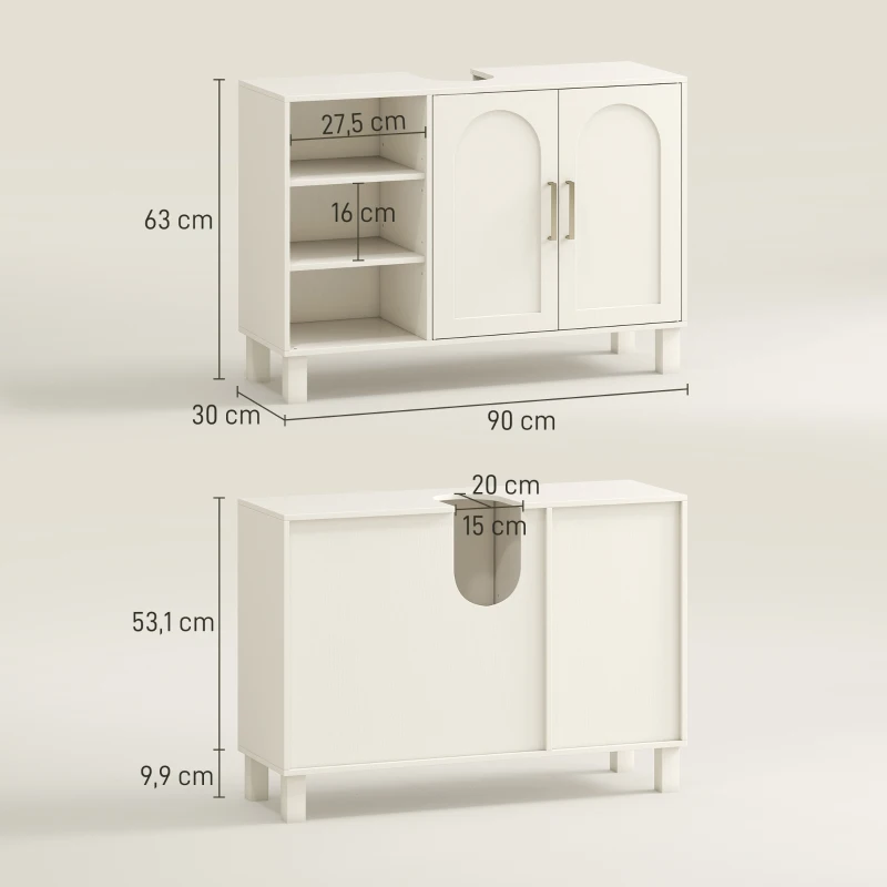 HOMCOM Meuble sous lavabo meuble de salle de bain avec placard à deux niveaux étagères réglables 90l x 30P x 63H cm crème