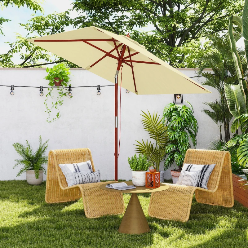 Outsunny Chapéu de Sol de Jardim 200x150x235cm Chapéu de Sol Inclinável com Polia Duplo Teto e Mastro Desmontável de Madeira Bege