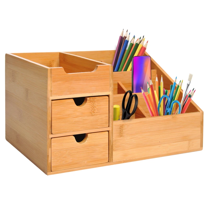 HOMCOM Schreibtischorganizer Aufbewahrungsbox Büro Box Organisation 2 Schubladen Natur L33 x B20,5 x H15,5 cm