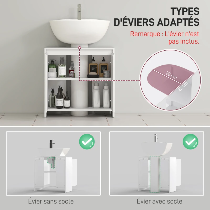 HOMCOM Meuble sous vasque 2 portes avec étagère réglable armoire de rangement pour lavabo 60l x 30P x 60H cm blanc