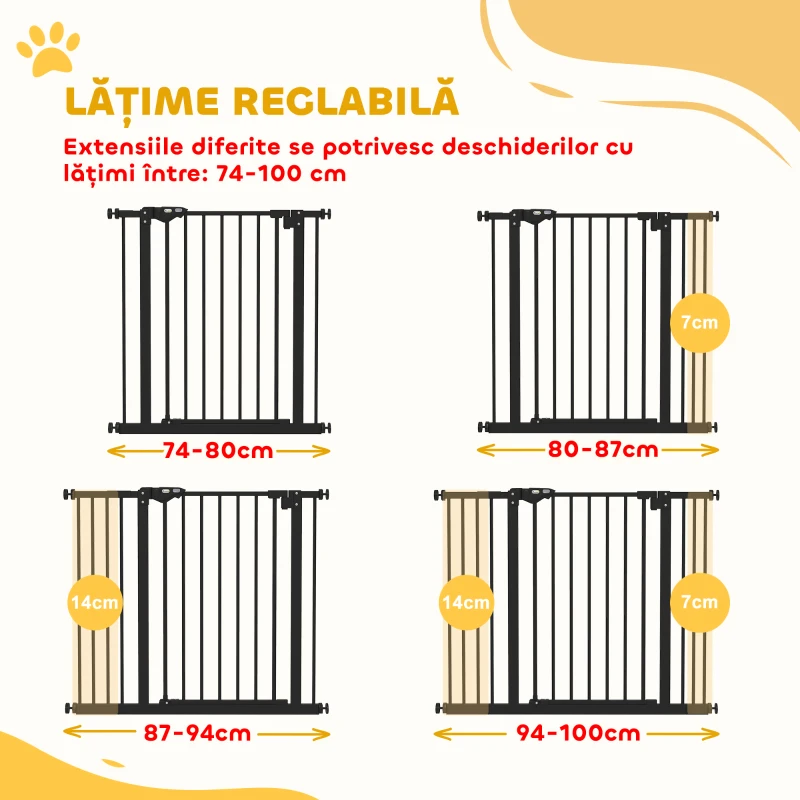 PawHut Poartă Extensibilă pentru Câini fără Șuruburi, Poartă de Siguranță Reglabilă cu 2 Extensii, 68x72 cm, Negru