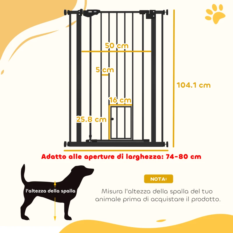 PawHut Cancellino per Cani Regolabile Alto con Porta Piccola e Chiusura Automatica, 74-80x104cm, Nero