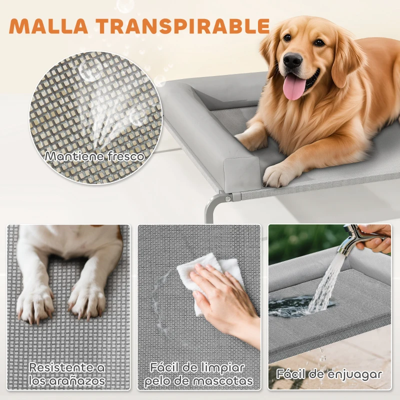 PawHut Cama Elevada para Perros Refrescante con Refuerzos Extraíbles Malla Transpirable y Marco de Acero 130x90x30 cm Gris