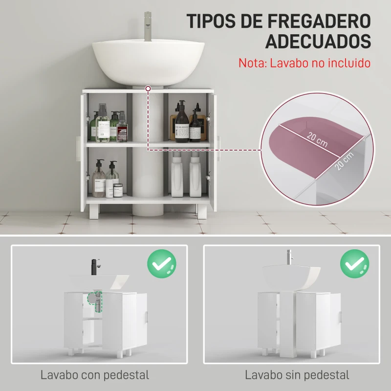 HOMCOM Mueble para Debajo del Lavabo con 2 Puertas 2 Estantes y Sistema Antivuelco para Cuarto Baño 60x35x60 cm Blanco