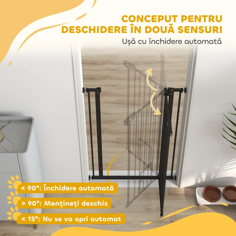 PawHut Poartă Reglabilă pentru Câini cu Ușă Mică și Montare prin Presiune, 74-80x104.1 cm, Negru