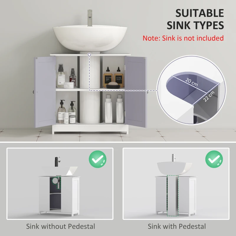 kleankin 60x60cm Under-Sink Storage Cabinet w/ Adjustable Shelf Handles Drain Hole Bathroom Cabinet Space Saver Organizer White and Grey