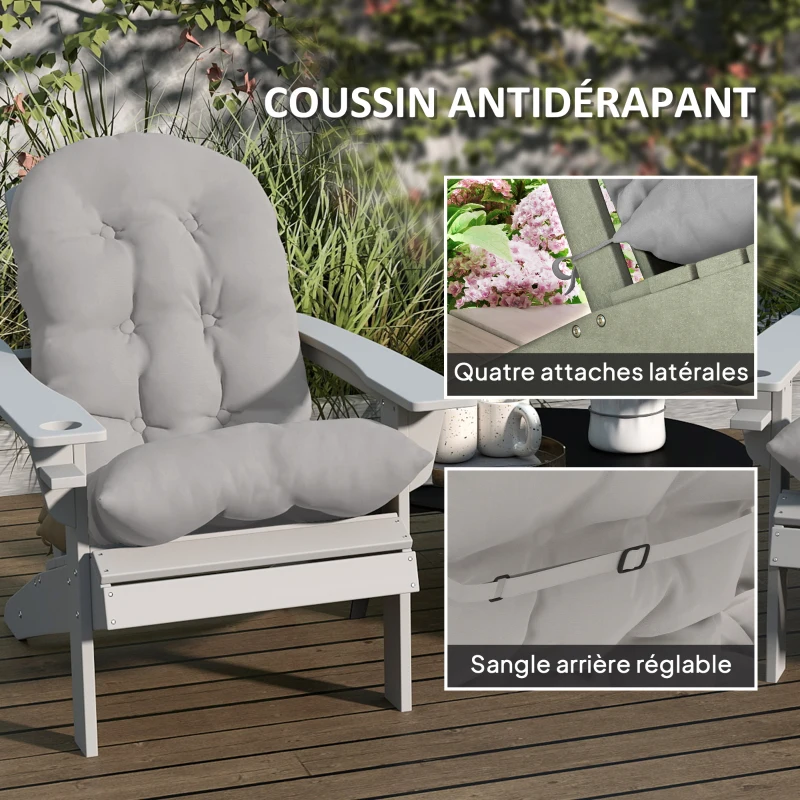 Outsunny Lot de 2 coussin de siège pour chaise Adirondack avec attaches sécurisées, design capitonné doux et épais, gris clair