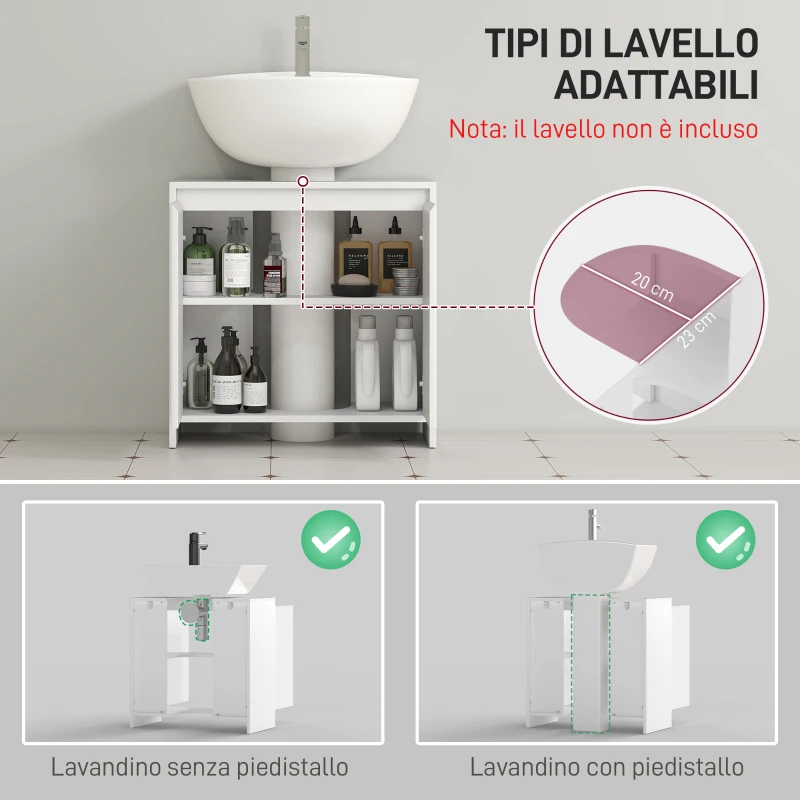 HOMCOM Mobile Sottolavabo Bagno con 2 Ante Decorate e Intaglio a U per Tubi, 60x30x60cm, Bianco