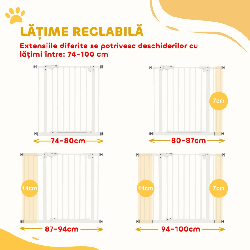 PawHut Poartă Extensibilă pentru Câini fără Șuruburi, Poartă de Siguranță Reglabilă cu 2 Extensii, 94-100 cm, Alb