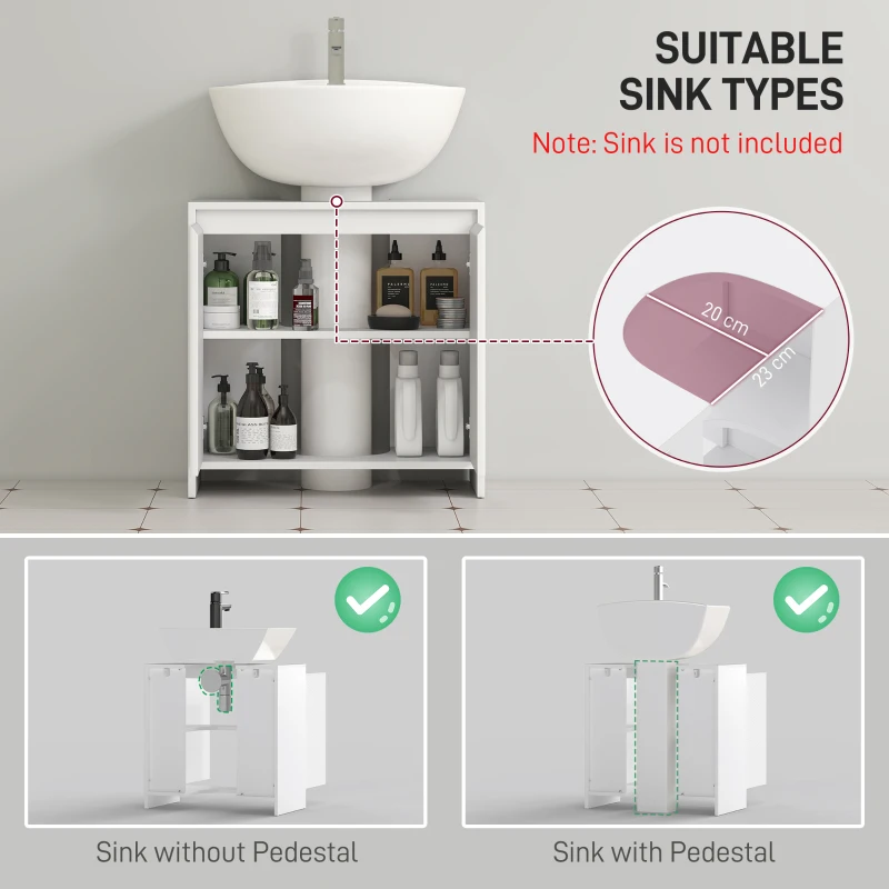 HOMCOM Mobilier Sub Chiuvetă pentru Baie cu 2 Uși, Dulap de Baie cu Decupaj în U pentru Țevi, 60x30x60 cm, Alb(m-4)