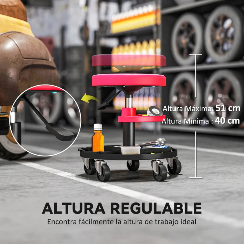 HOMCOM Taburete de Taller Giratorio con Ruedas Altura Ajustable de 40-51 cm y 2 Bandejas Carga 135 kg para Garaje Rojo