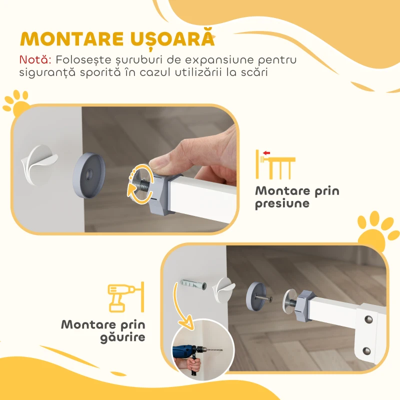 PawHut Poartă Extensibilă pentru Câini fără Șuruburi, Poartă de Siguranță Reglabilă cu 2 Extensii, 94-100 cm, Alb