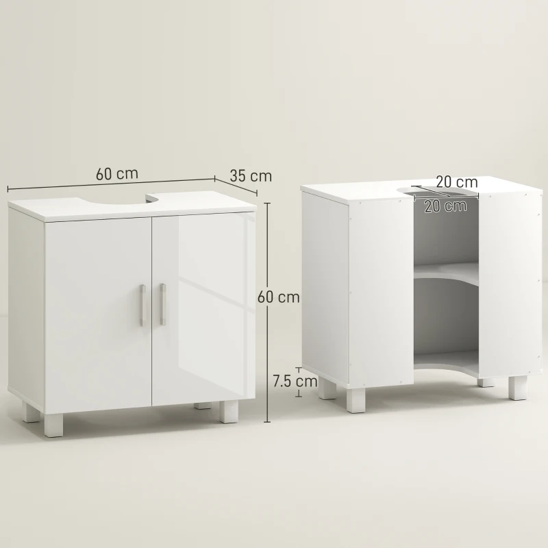 HOMCOM Mobilier Sub Chiuvetă pentru Baie cu 2 Uși, Raft Central, Mâner și Picioare Antiderapante, 60x35x60 cm, Alb Lucios(m-3)