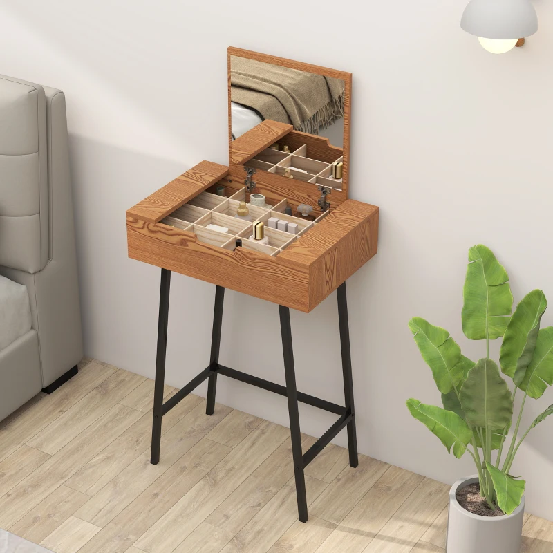 HOMCOM Tavolo Trucco con Specchio Ribaltabile e 16 Scomparti Stile Industriale, Legno e Acciaio, 60x40x90 cm