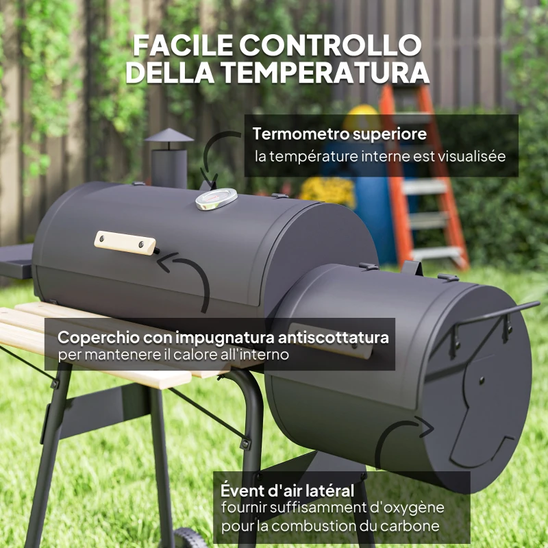 Outsunny Barbecue a Carbone con Coperchio e Affumicatore, BBQ da Giardino con Ripiani e Ruote 124x53x104 cm, Nero